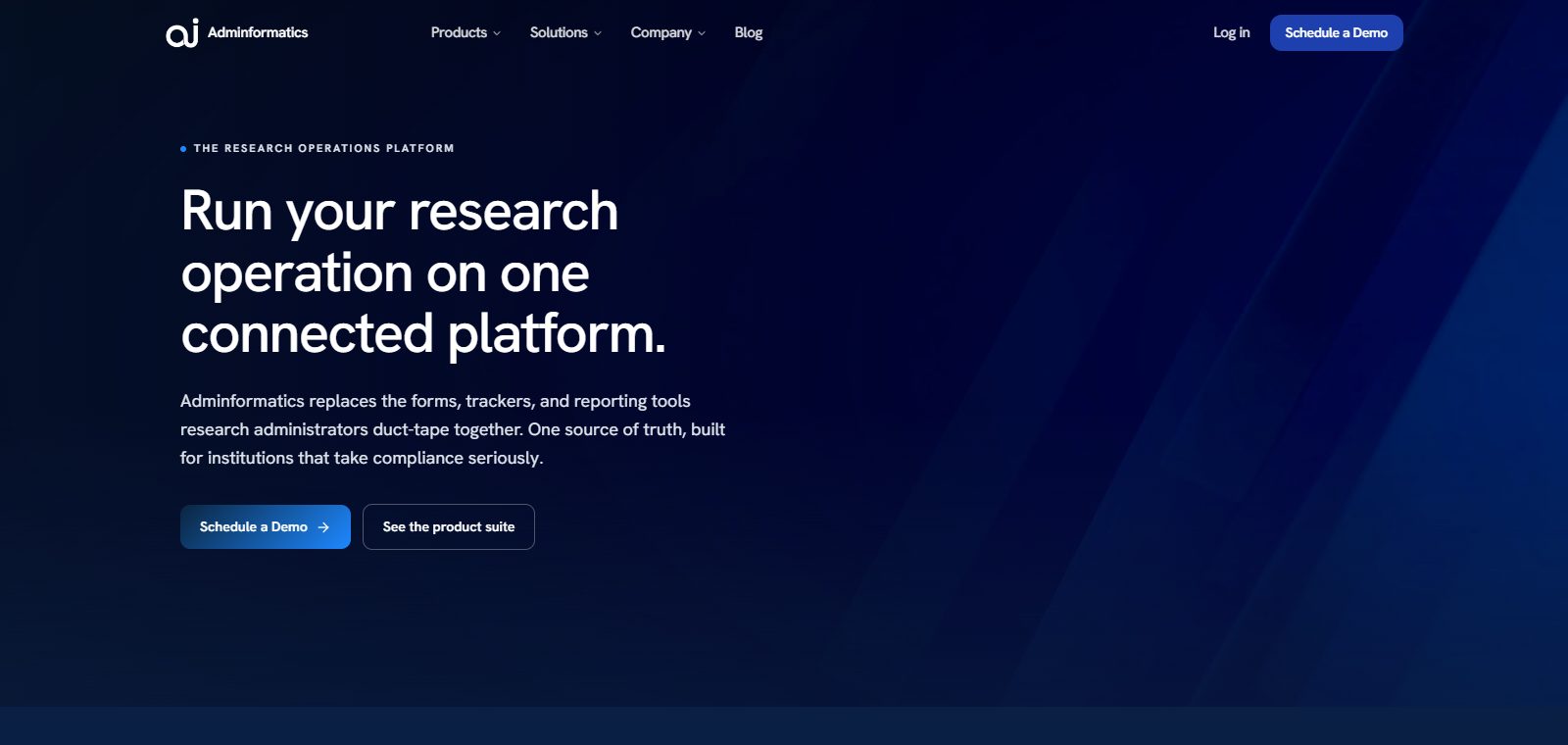 The Adminformatics homepage, a dark navy hero reading 'Run your research operation on one connected platform'