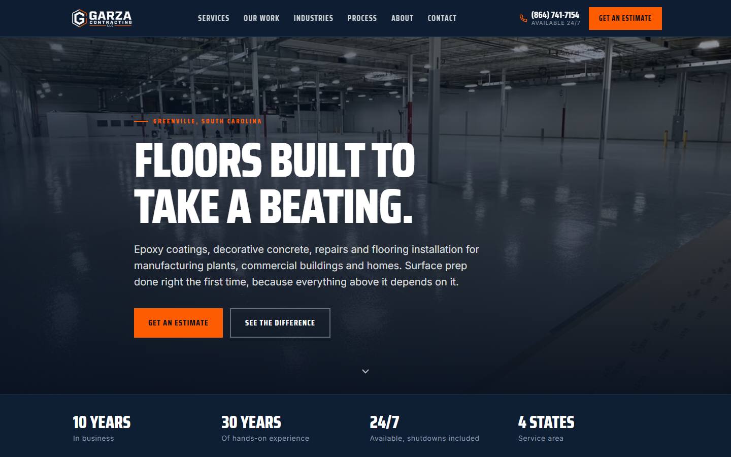 The Garza Contracting homepage, showing a finished epoxy warehouse floor